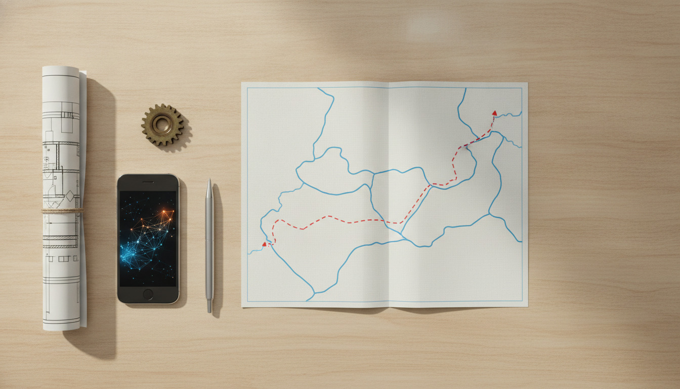 Overhead visning af skrivebord med blueprint-rulle, smartphone med grafer, pen, tandhjul og kort med rute markeret.