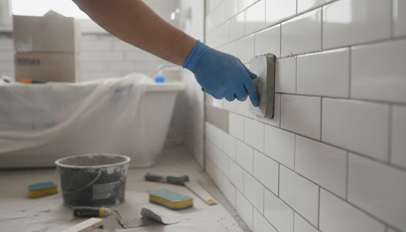 Håndværkers hånd med blå handske påfører fuge mellem hvide fliser på badeværelsesmur under renovering.