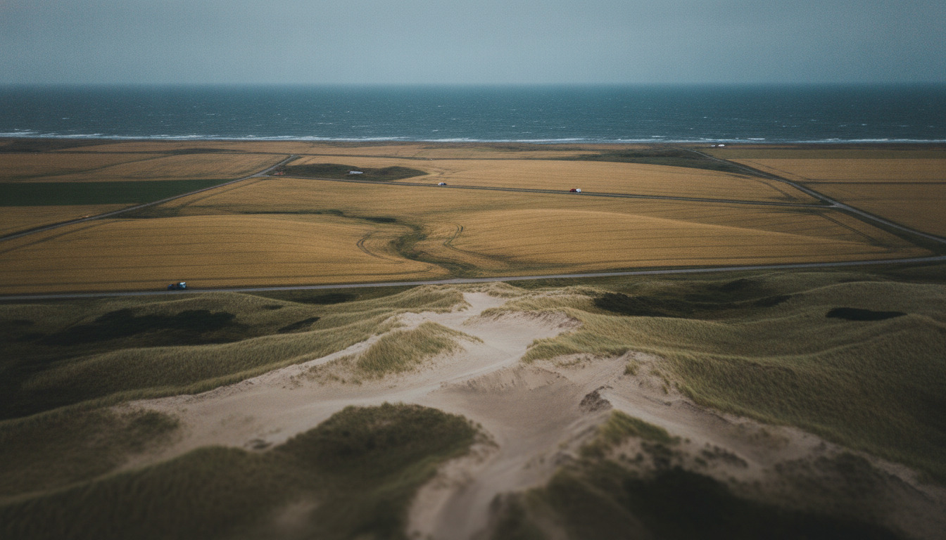 Luftfoto af kyststrækning med græsbevoksede klitter, landbrugsjorde og hav i baggrunden.