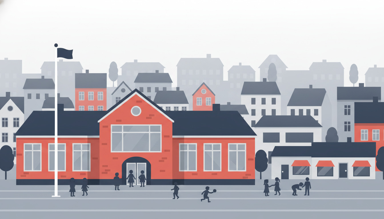 Fjerritslev Skole, en fremtrædende rød murstensskole med store vinduer og gavltag, placeret centralt på en dansk torv med børn, der leger på skolegården, omgivet af beboelsesbygninger og en flagstang.