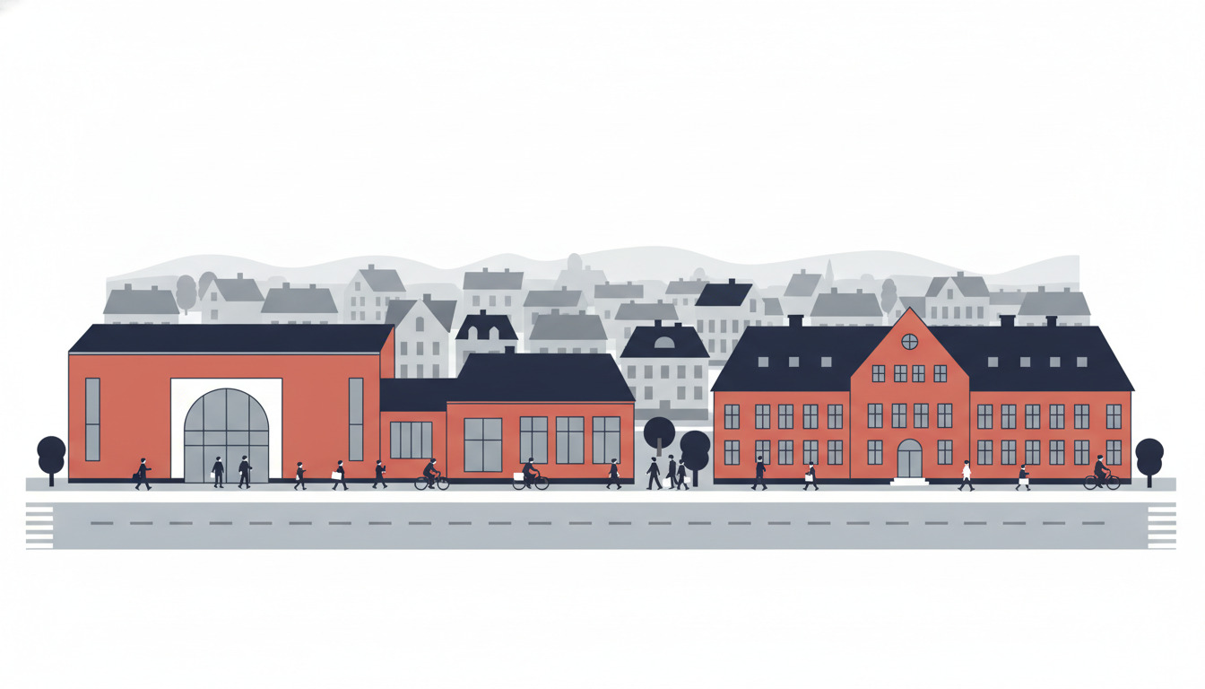Fladvektor-illustration af et dansk bymidte-gadebillede med tre røde mursten institutionsbygninger, beboelsesarkitektur bag ved, borgere der går og cykler, og et travlt offentligt plads—som repræsenterer Børkops offentlige service.