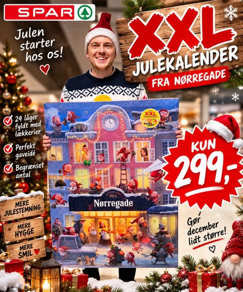 SPAR Skejby sælger Nørregade julekalender med 24 slikposer til 299,95 kr.