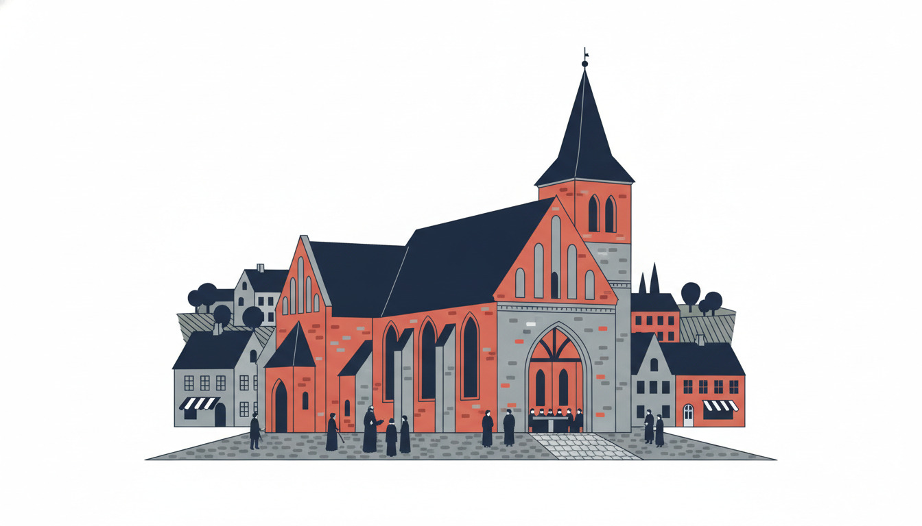 Flad vektorillustration af en middelalderlig stenkirke i Næstveds historiske centrum med høj spir, gotiske buer, røde murstensværeg, grå stendetaljer og tilbedere samlet på pladsen.