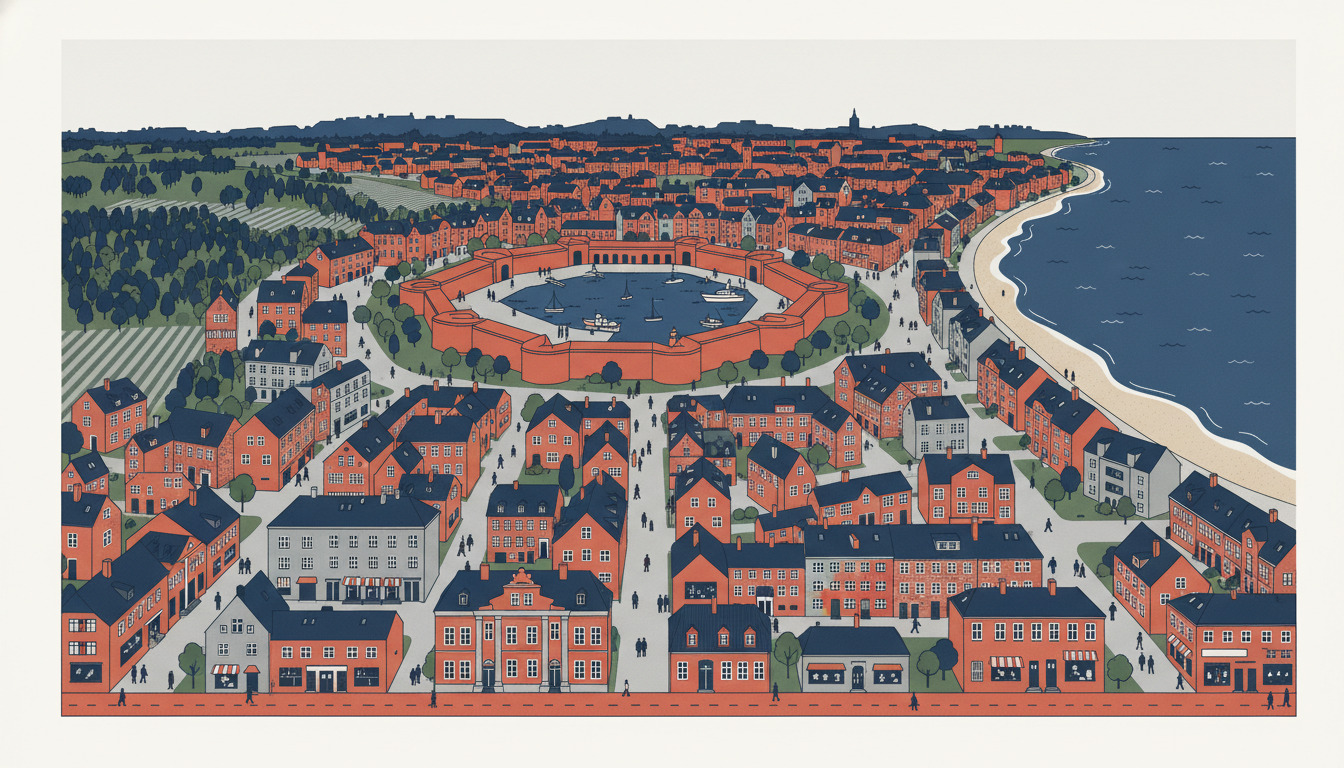 Panoramisk fladvektor-illustration af Fredericia med den historiske fæstning i centrum med karakteristiske ottekantede mure og havn, omgivet af orange-mursten-beboelses-kvarterer som stråler udad, grønne skovbevoksede områder til venstre og Østerstrand-strand, der kurver langs højre kyst.
