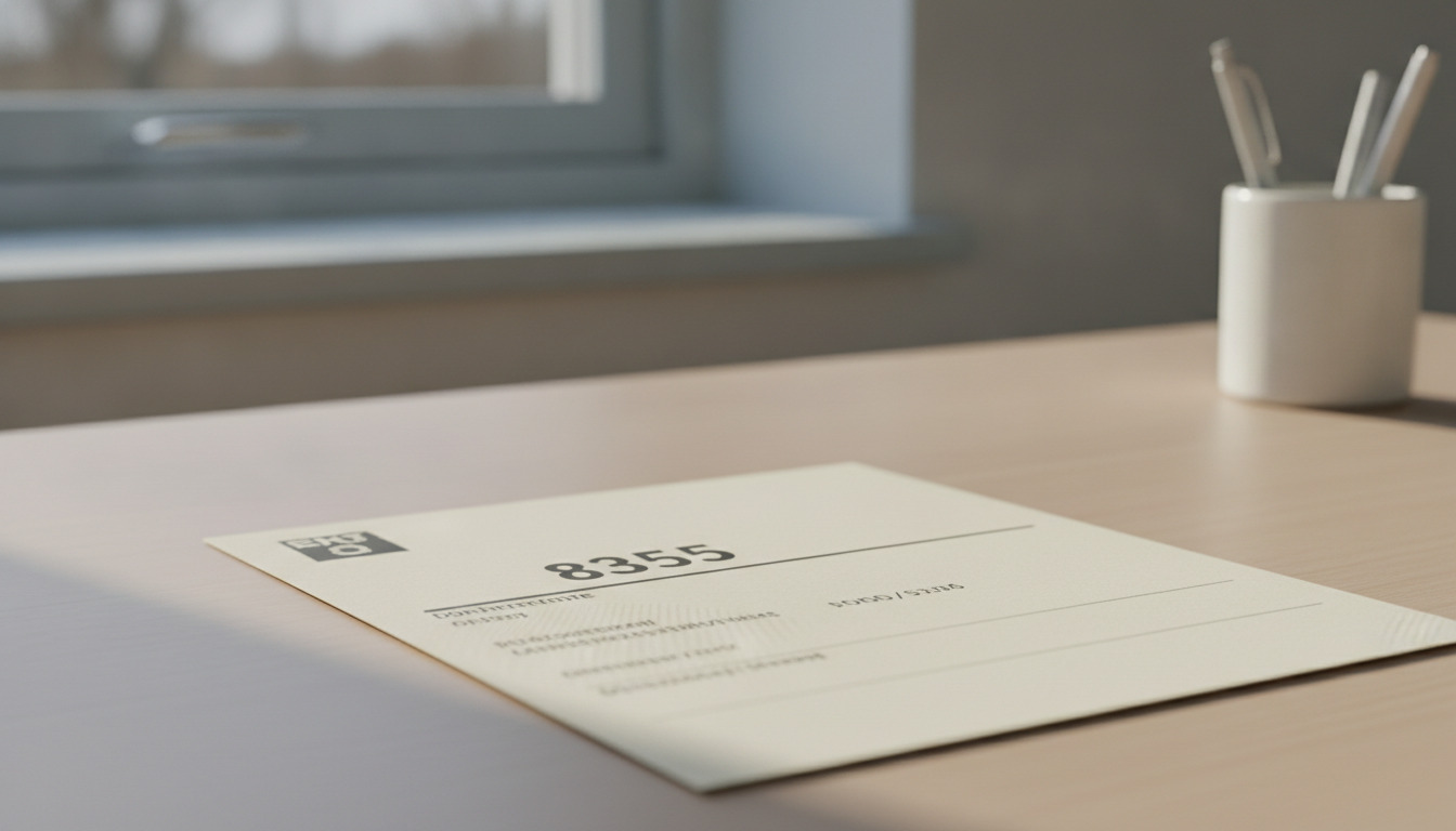 Tætbillede af et beige postaladresseark på en skrivebordsflade ved vindue med penalholder i baggrunden.
