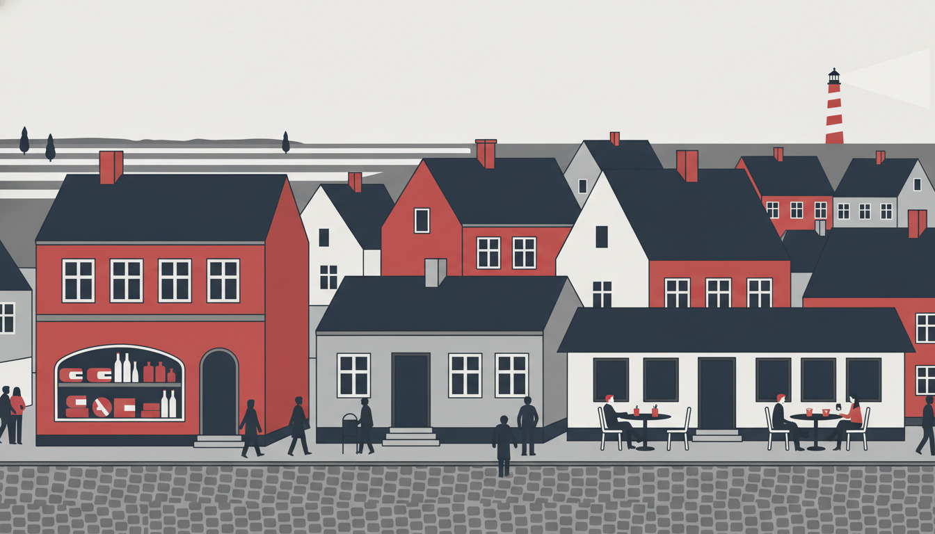 Flad vektorillustration af en charmerende kystnær dansk landsby med røde og hvide facader, lokale butikker herunder en delikatesse, udendørs cafésideplads og et rødt-og-hvidt stribet fyrtårn synligt i baggrunden—fanger Blåvands kystnær karakter.