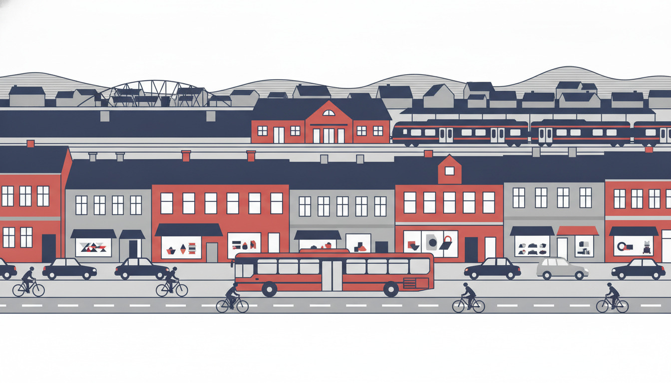 Hadsund street scene med cyklister på cykelsti, bus, parkerede biler, og stationen med regionaltog samt bro over vand i baggrunden.