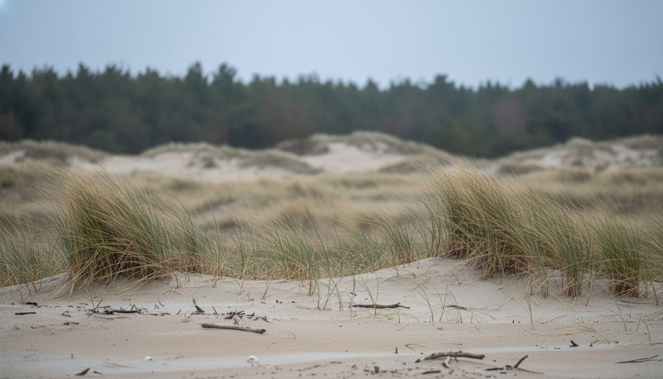 Nærbillede af strandgræs og sand på sanddyner med sløret kystskog i baggrunden.