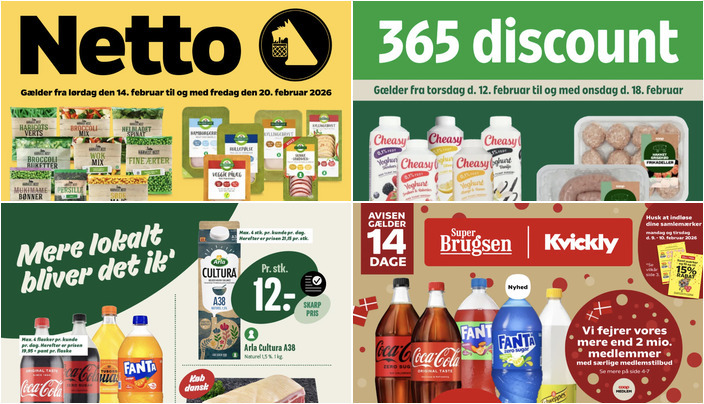 SuperBrugsen tilbyder Coca-Cola til 11 kr. og Coop365 har Cheasy yoghurt til 10 kr.