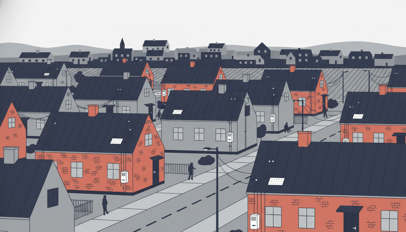 Stiliseret dansk boligkvarter med røde og grå bygninger med sorte tage, gader og mennesker – ingen synlig fibernet eller digital infrastruktur.