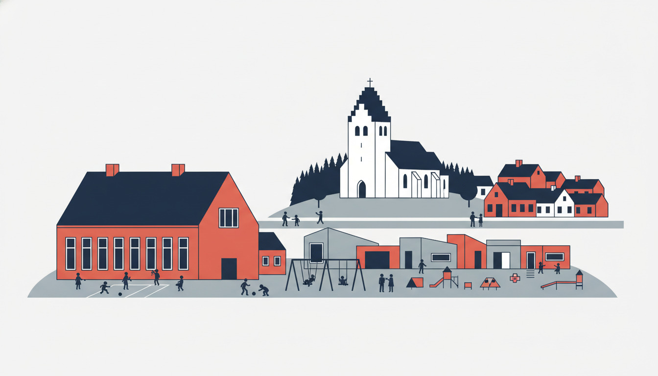 Flad vektorillustration af Bordings institutionelle knudepunkt: en rød skolebygning med børn på forgrunden på skolegården, moderne daginstitutionsfaciliteter med legeudstyring og den historiske hvide kirke med mørkt spir fremtrædende i baggrunden blandt træer.