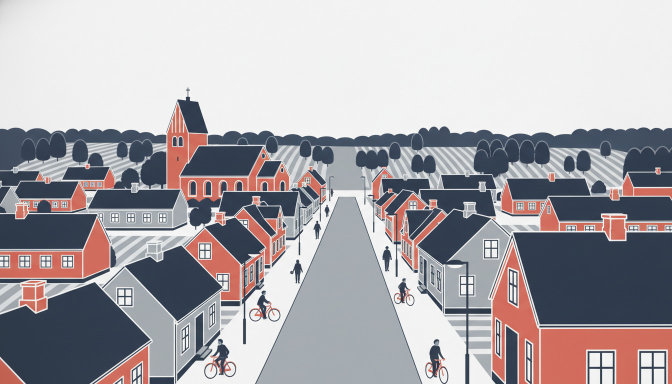 Flad vektorillustration af byen Ryomgård station med Marie Magdalene Kirke med rødt teglsten, sadeltag og spir i midterbaggrund, hovedgade med lokale butikker, beboere og cyklister, skovbevokset Nordsjællands landskab, der rammen omkring scenen.
