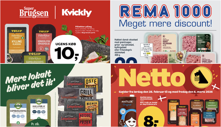 Skarpe tilbud: Langelænder pølser til 20 kr. og Matilde kakaoskummetmælk til 8 kr.