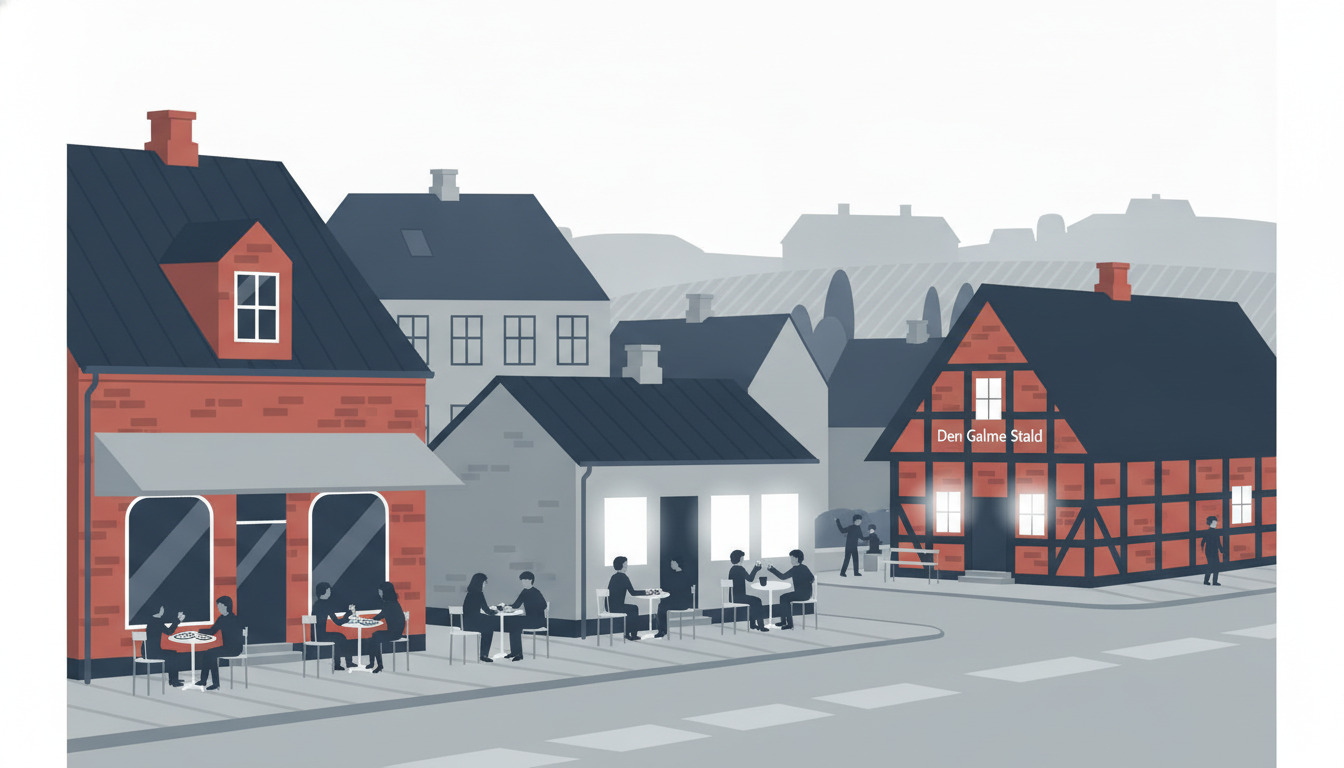 Allingåbros spisesteder på Hovedgaden: rødt mursten-pizzeria med udendørs servering, hvidt cafébygning, og Den Gamle Stald's bindingsværks-restaurant med mennesker, der spiser udendørs i et charmerende dansk gadebillede.