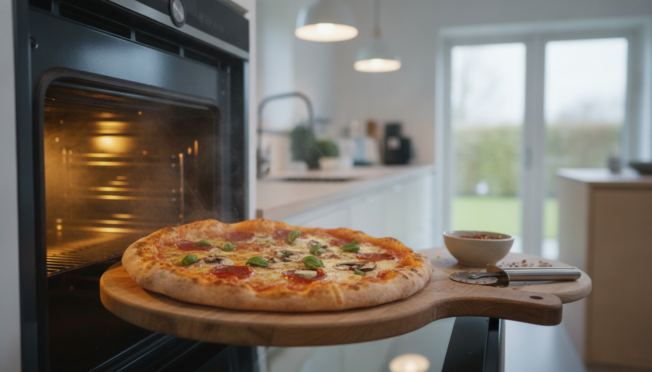 Friskbagt pizza med smeltost og grøntsager på træbræt foran varmt stueovn.