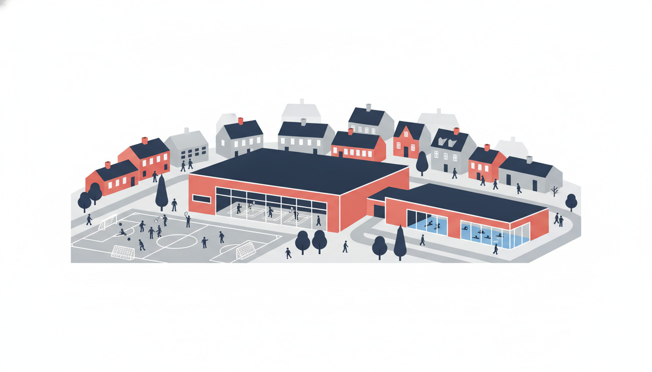 Isometrisk illustration af Jyderups sport- og idrætsanlæg: moderne røde hal med sort tag, fodboldbane, svømmefacilitet med blå vinduer, mennesker i aktivitet, omgivet af danske huse i baggrund.
