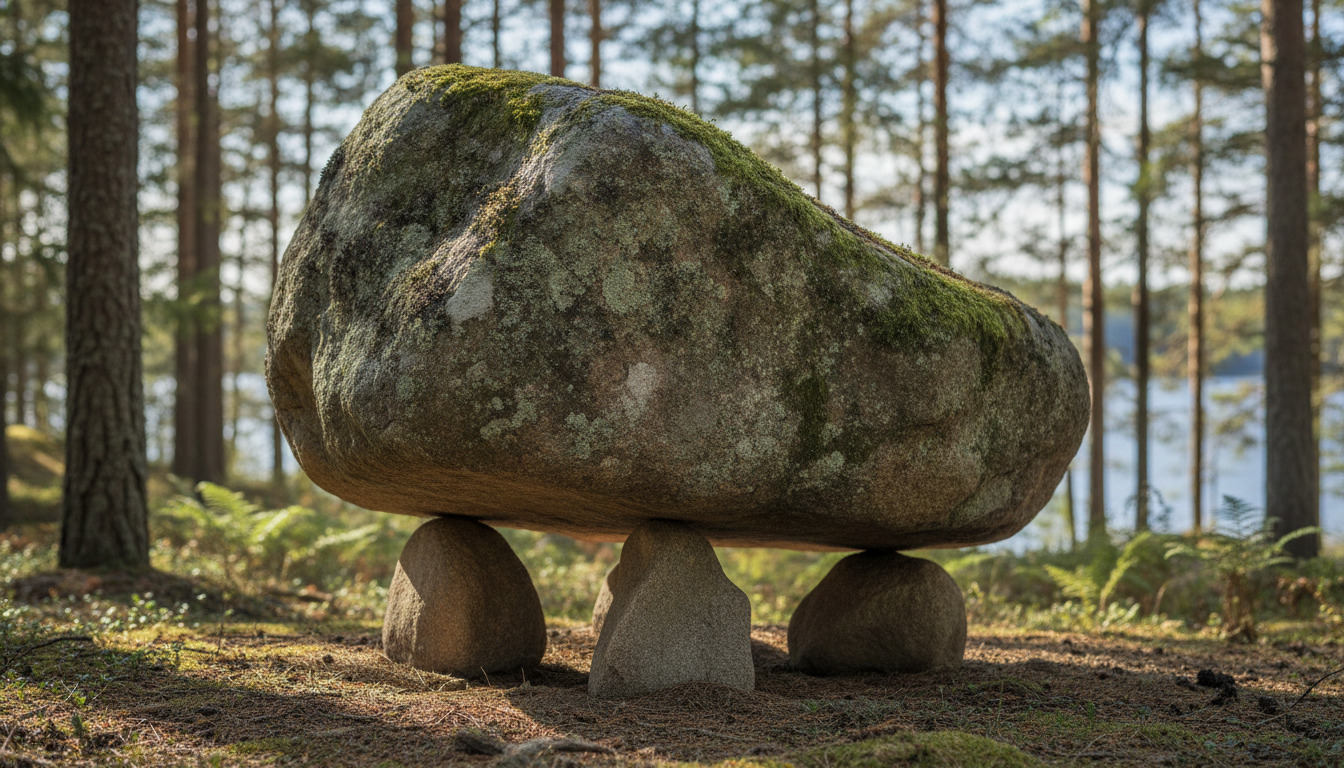 Stor granitblok balanceret på mindre sten i skovlandskab med lav og mos på overfladen.