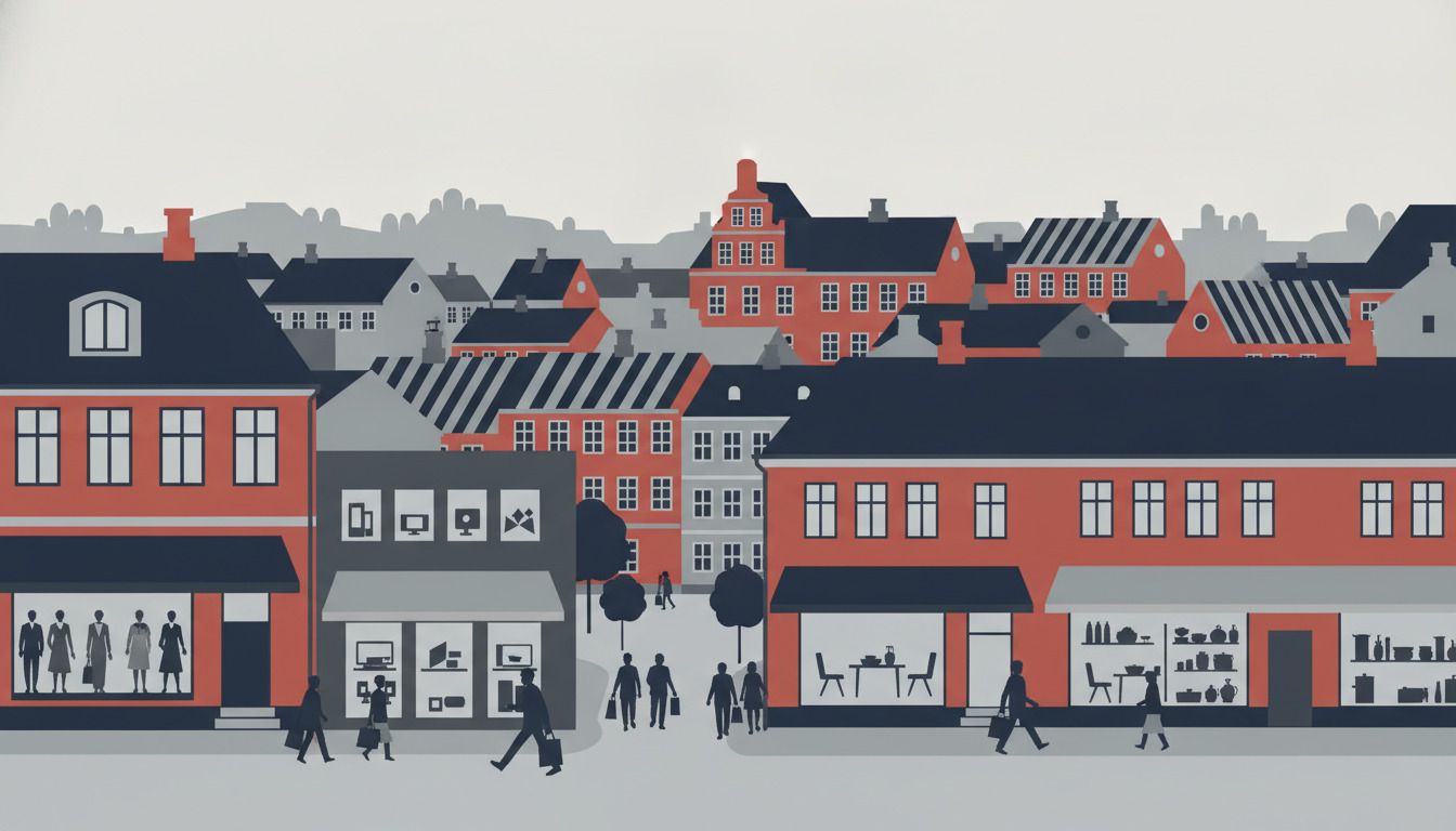 Farverig butiksgade i Svendborg med røde og grå facader, butiksvinduer med varer, markiser, mennesker der handler, og middelalderlige tage i baggrunden.