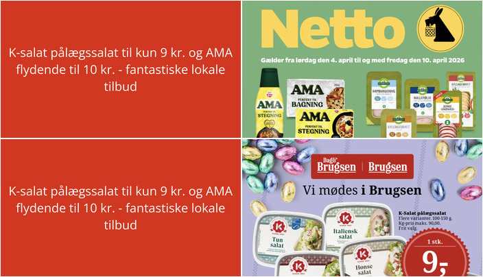 K-salat pålægssalat til kun 9 kr. og AMA flydende til 10 kr. - fantastiske lokale tilbud