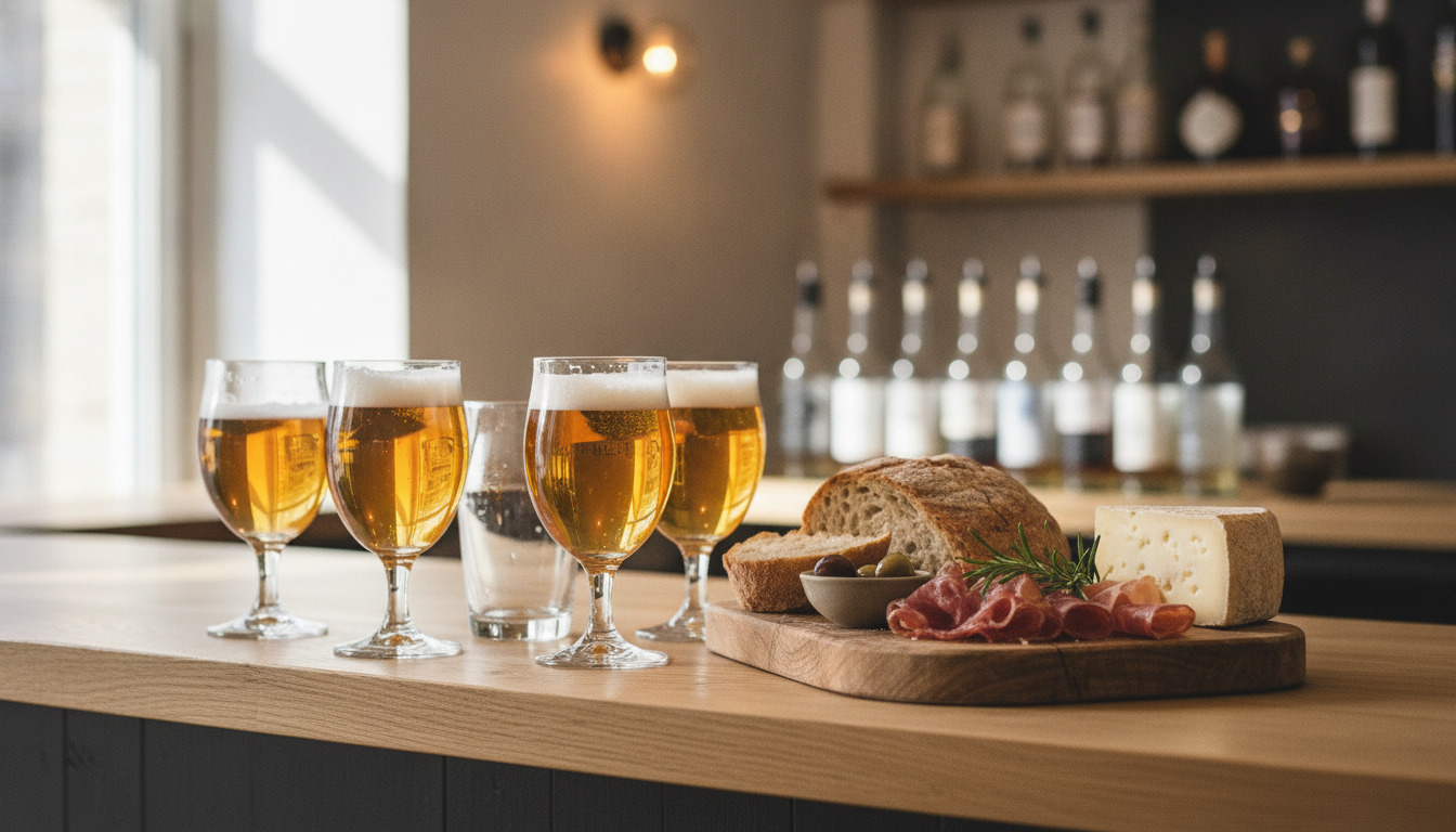 Nærfoto af ølglas med gylden øl og charcuteriebræt med brød og cured kød på træbord.