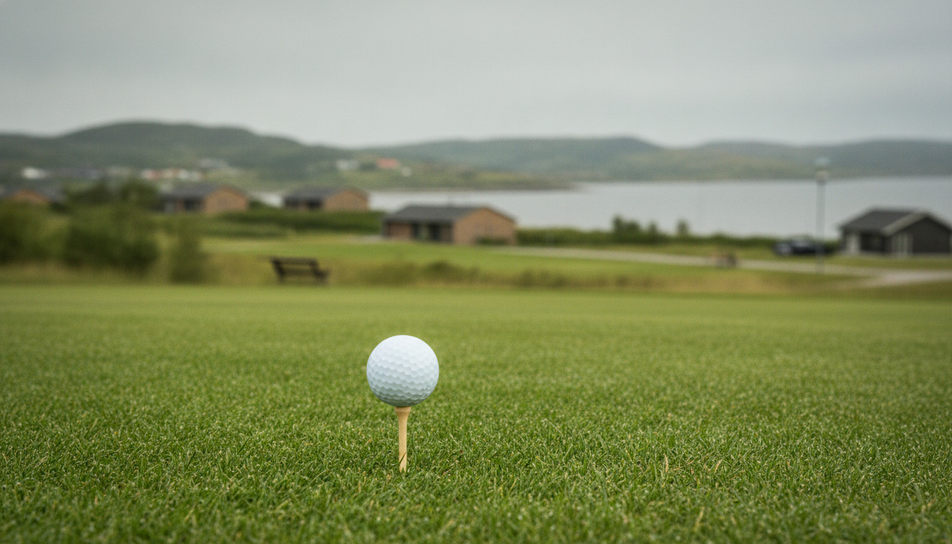 Golfbold på tee i kort græs med skarpt fokus, blurred baggrund.