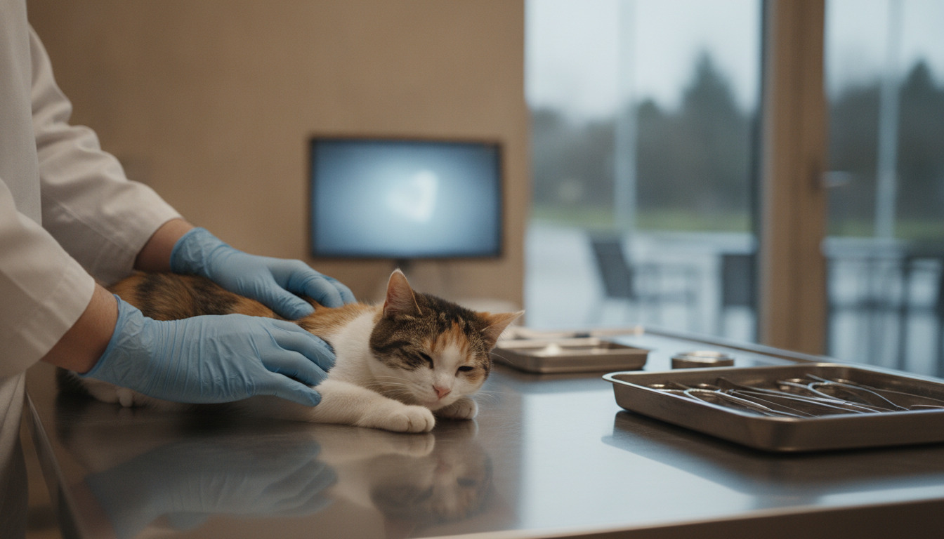 Dyrlæges handskeæklædte hænder undersøger en kat på undersøgelsesbord på dyreklinik.