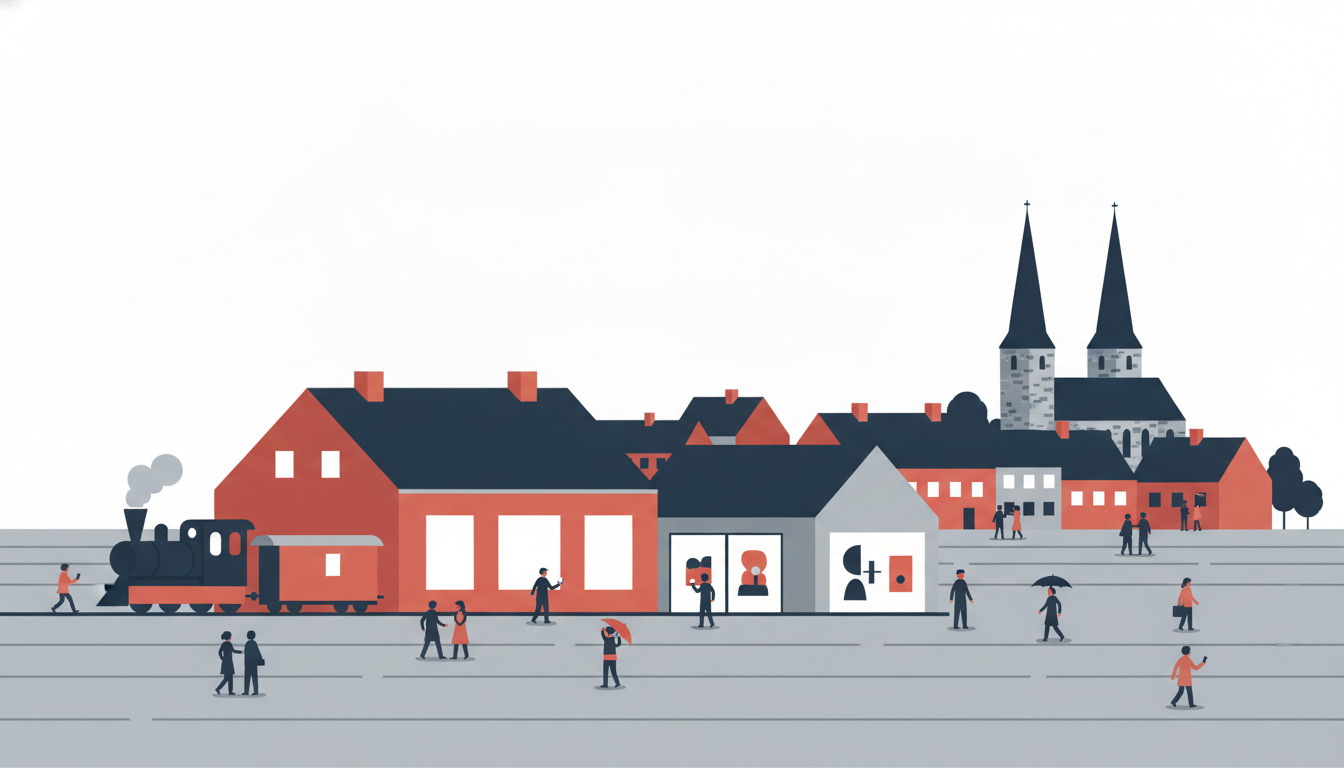 Allingåbro kulturscene med museumsbygning, historisk lokomotiv, kunstgalleri og tvillingtårne kirke i baggrund; besøgende udforsker byen.