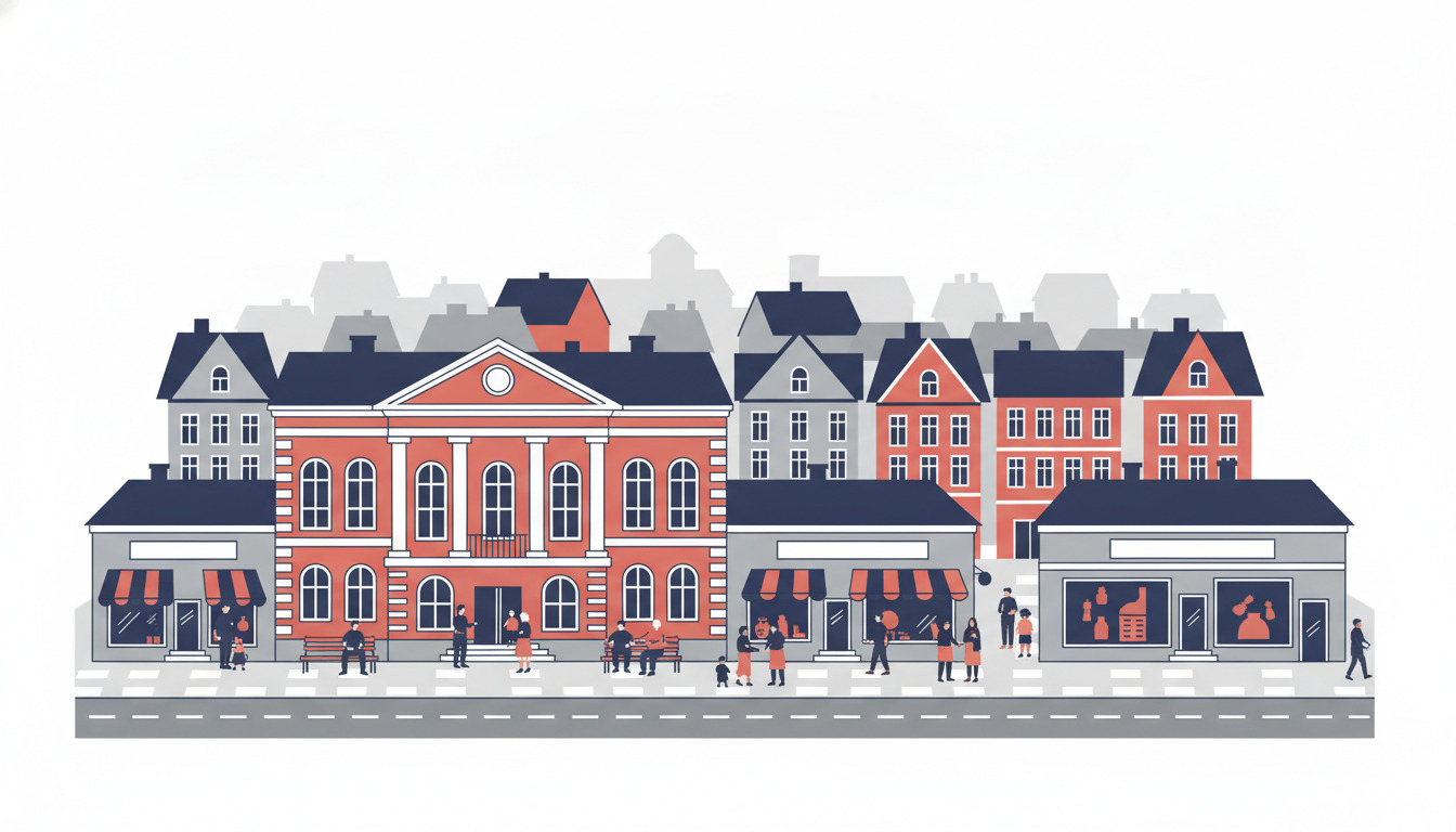 Flad vektorillustration af et dansk torv med et fremtrædende rødt mursten klassicistisk rådhus med hvide søjler og gavl, omgivet af tidsperiode-bygninger med mørke tage. Borgere samles på pladsen og ved butiksfronterne.