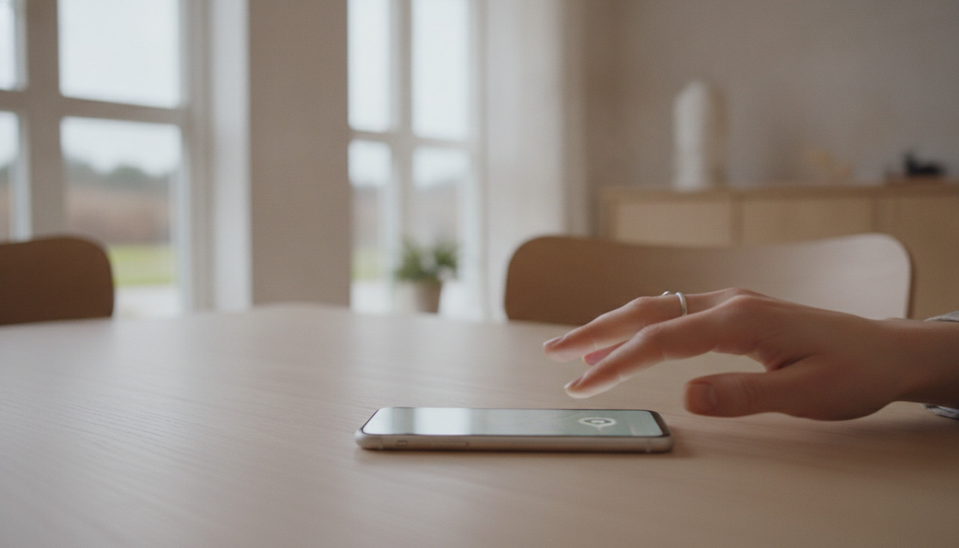 Detaljeret billede af en hånd ved en smartphone på et træbord i dagslys.