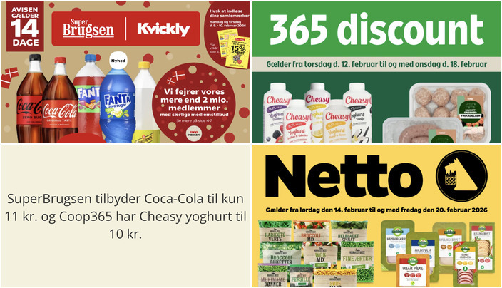 SuperBrugsen tilbyder Coca-Cola til kun 11 kr. og Coop365 har Cheasy yoghurt til 10 kr.