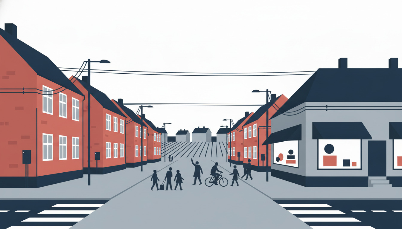 Gadesce fra Skjern med røde mursten-beboelsesbygninger, elledninger, elledningsmaster, fodgængere og cyklister på et stribet plads, som symboliserer moderne bysforbindelse og digital infrastruktur.