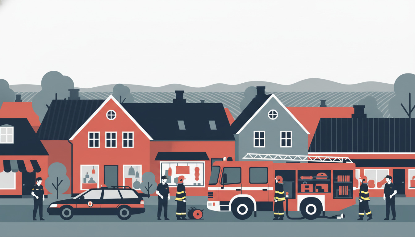 Fladvektorillustration af Ærøskøbings redningsberedskab: politibil, brandvogn og uniformerede betjente med udstyr opstillet på en gade, bag ved karakteristiske rødt-tækkede og mørkt-jalouserede nordiske byhuse.