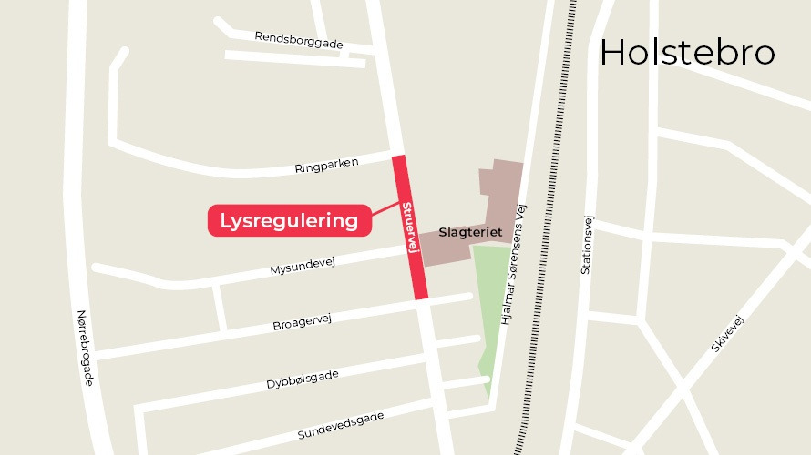 Struervej i Holstebro får midlertidige trafiklys og vejspærringer under omfattende renovering