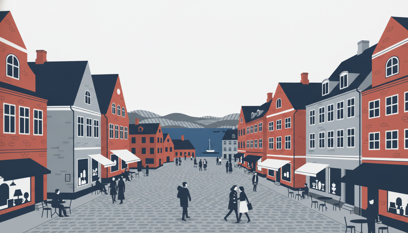 Fåborg havnebys torv: brolægning med omgivende røde mursten-bygninger, mørke tage, hvidt omrammet vinduer, erdvungs-caféer og butikker. Bakkede landskaber og fjord synligt i det fjerne, som afspejler karakteren af den historiske dansk kysthandelsby.