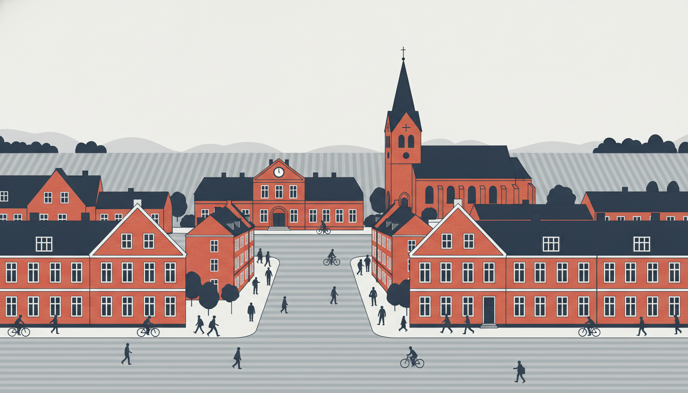 Illustration af Hadsten stationsby med Hadsten Station, Hadsten Kirke og typiske bygninger langs hovedgaden i Østjylland.