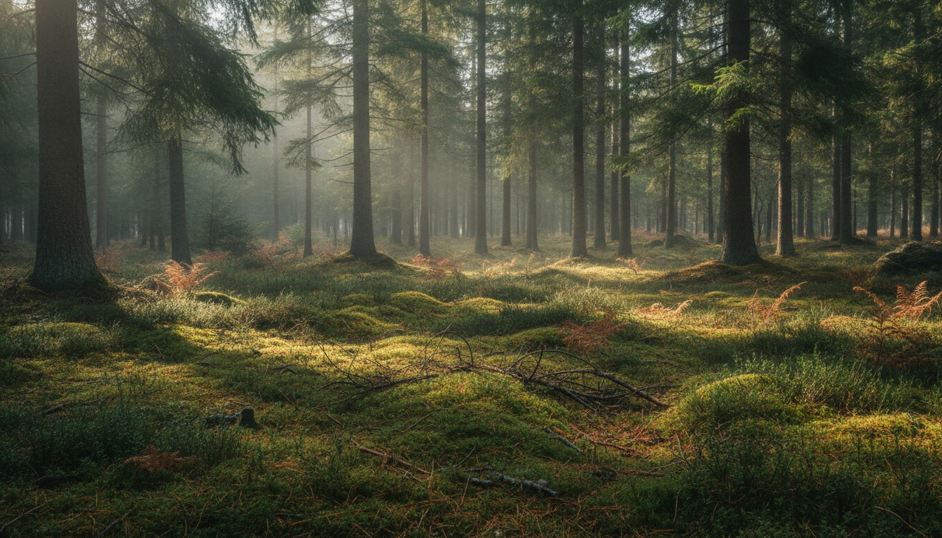 Skovbund med mos, fyrrenåle og lav vegetation i diffust nordisk lys.
