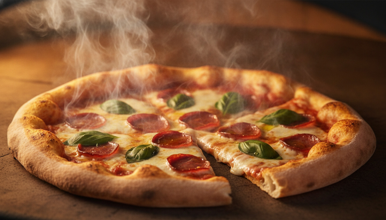 Friskbagt pizza med pepperoni, mozzarella og basilikum, damprende fra varmen, med gylden skorpe og en skive løsnet.