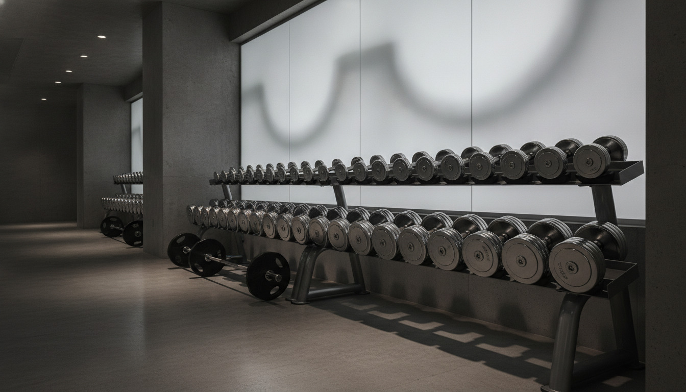 Tætbillede af håndvægte og vægtskiver ordnet på stel i moderne fitnessfacilitet.