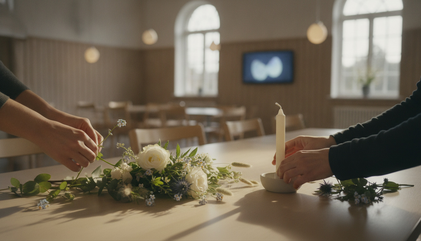 Hænder arrangerer hvide roser og lys på et træbord i varmt lys.