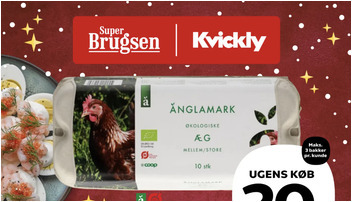 Änglamark økologiske æg til 20 kr. og Santagata olivenolie til 70 kr. - se de lokale tilbud hos SuperBrugsen