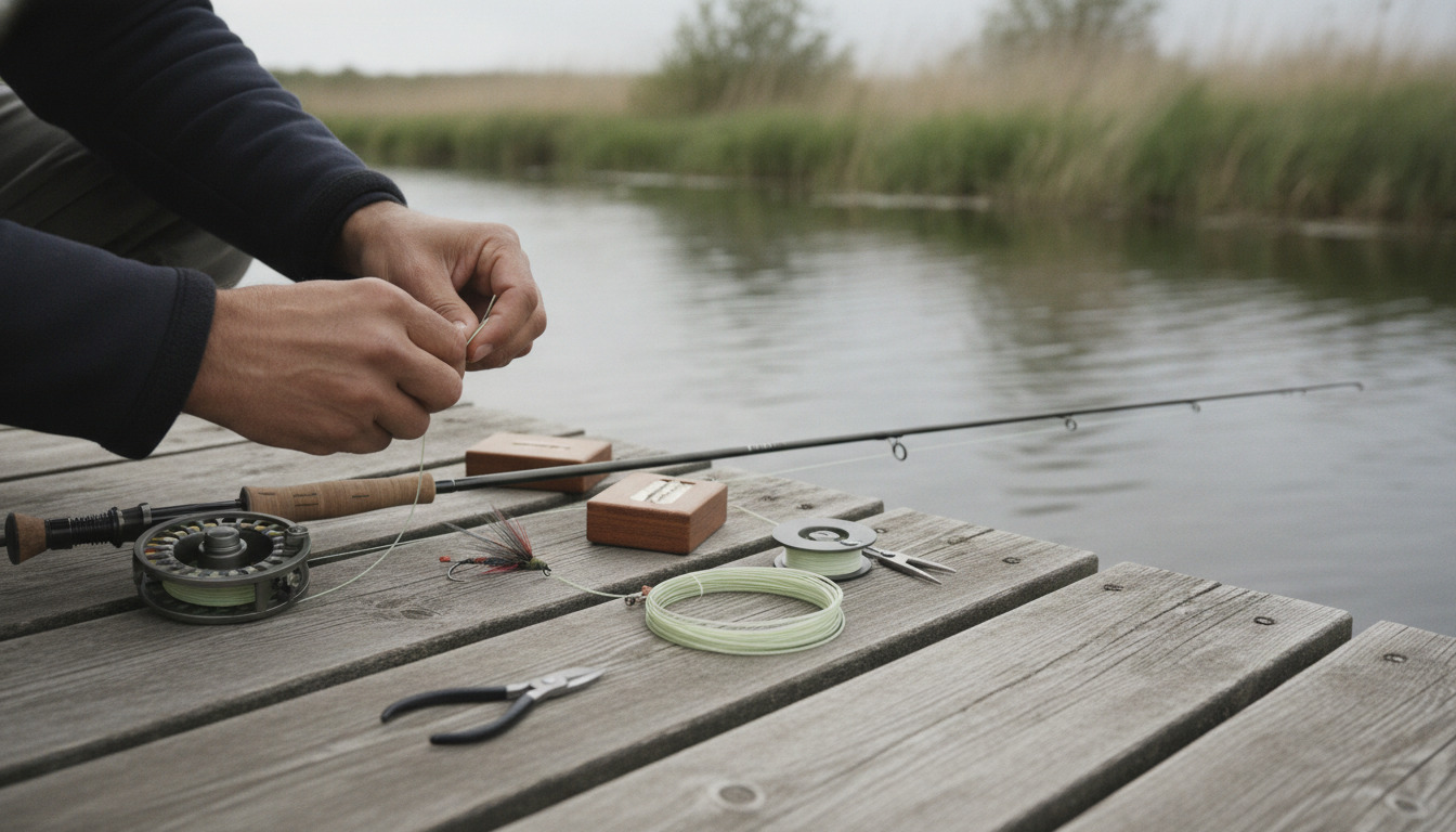 Pescador tying a fly knot ved fiskeredskaber på tømmerkaj ved stille flodvand i nordisk lys.