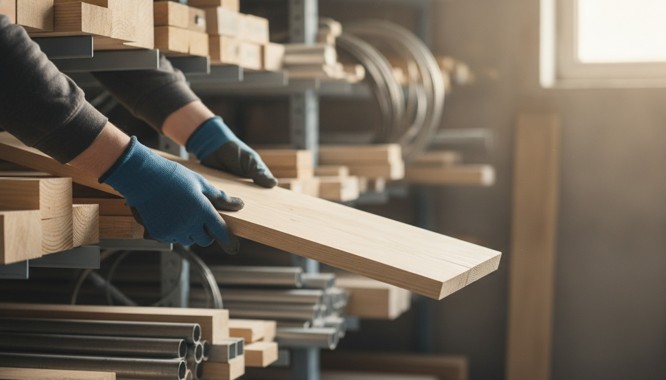 Hånd med arbejdshandsker holder et træplanke foran byggematerialer.