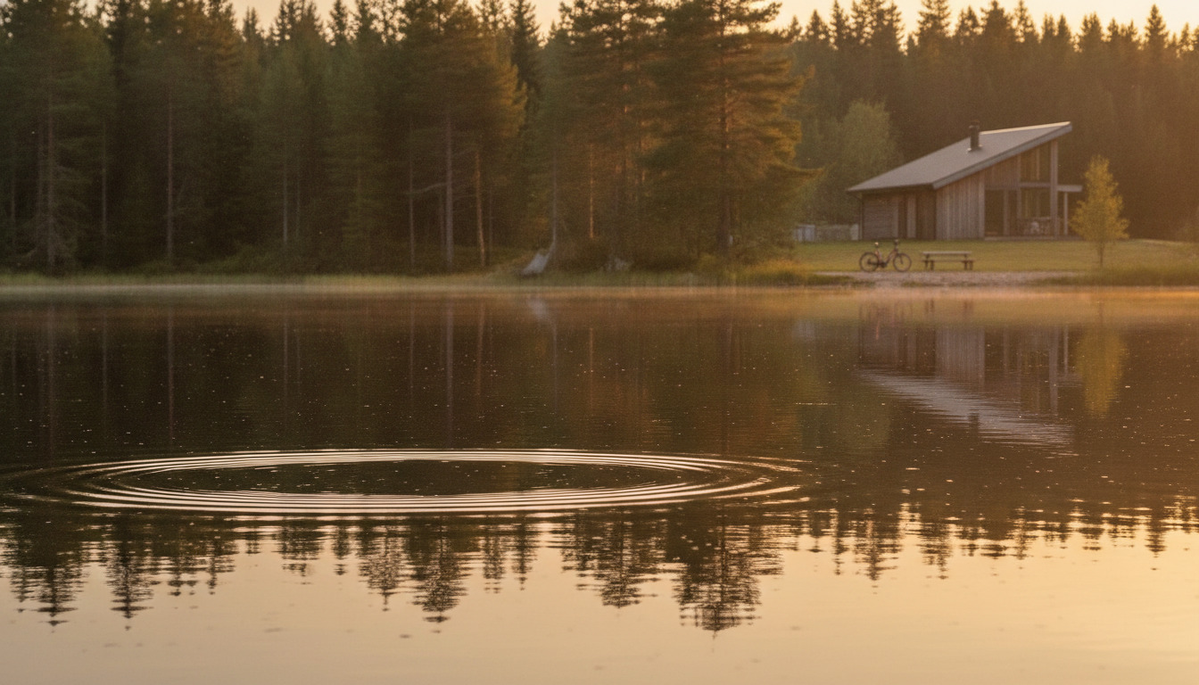 Nærbillede af stille søvand med guldtimetimer og små krusninger i et nordisk skovsettings afspejling.