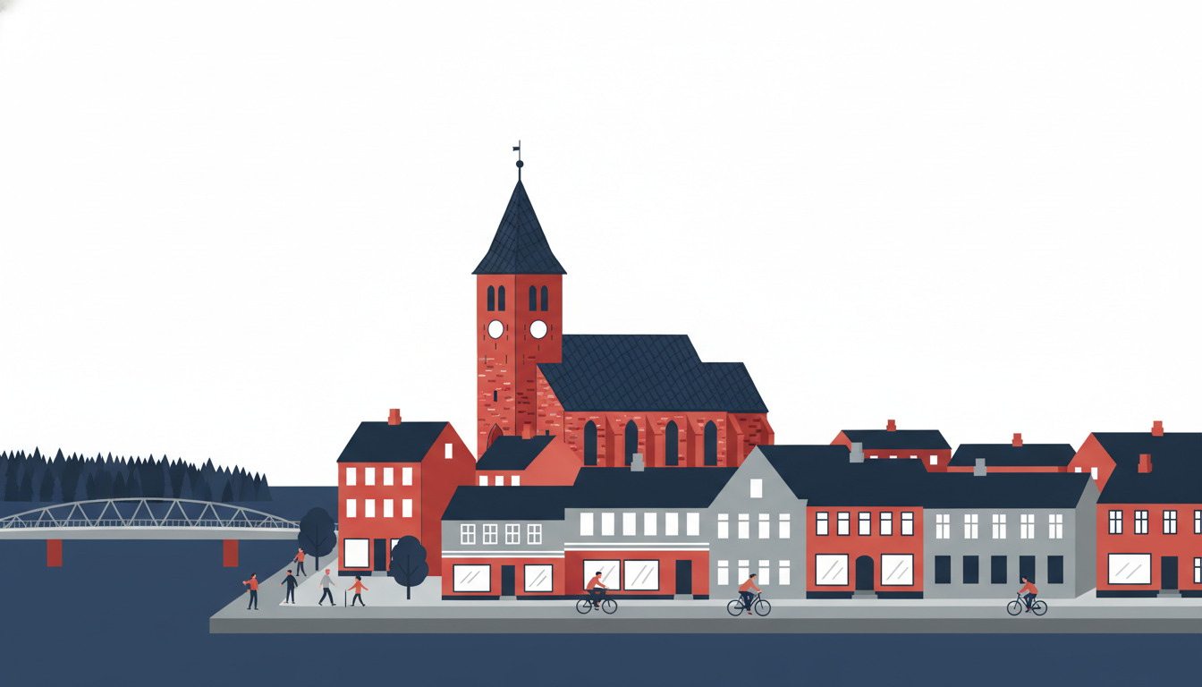 Flad vektorillustration af Hadsund fjord-by: rødt mursten kirke med ottekantet tårn og mørkt skiferlag dominerer centret, flanket af traditionelle danske bygninger i rødt og grå langs en vandkantsgade. Bro spænder over fjorden til venstre; cykelryttere og fodgængere befolker gaden. Mørk skov og vand indramme scenen.