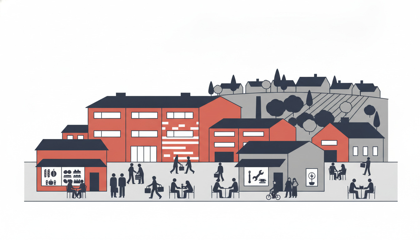 Farverig street scene i Espergærde med røde industrielle bygninger, mindre forretninger, arbejdende mennesker og en havn-inspireret baggrund - en illustration af lokalt erhvervsliv.