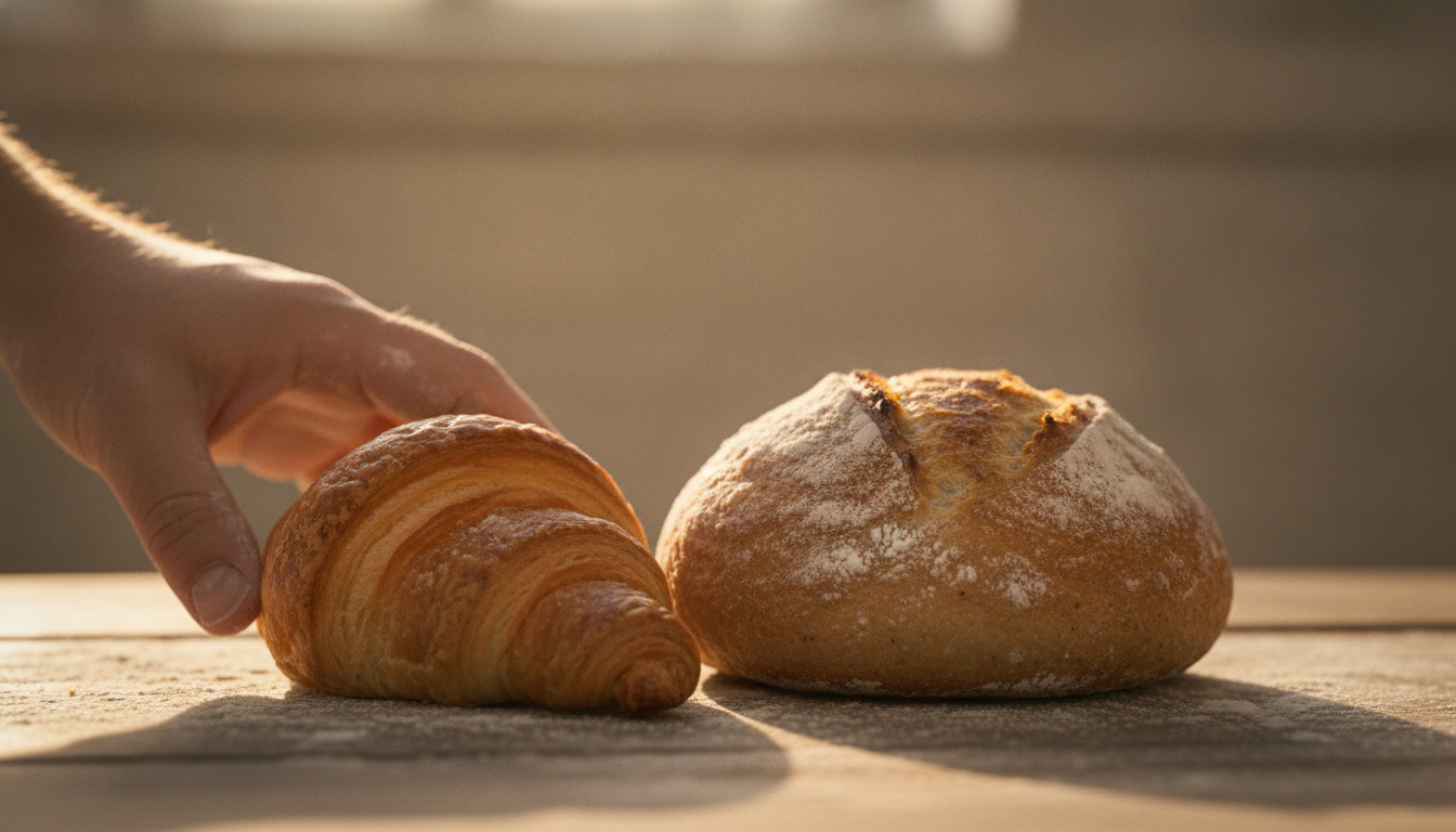 Nærbillede af nystegt croissant og rundstykker på træflade med bagerens hånd i varmt lys.