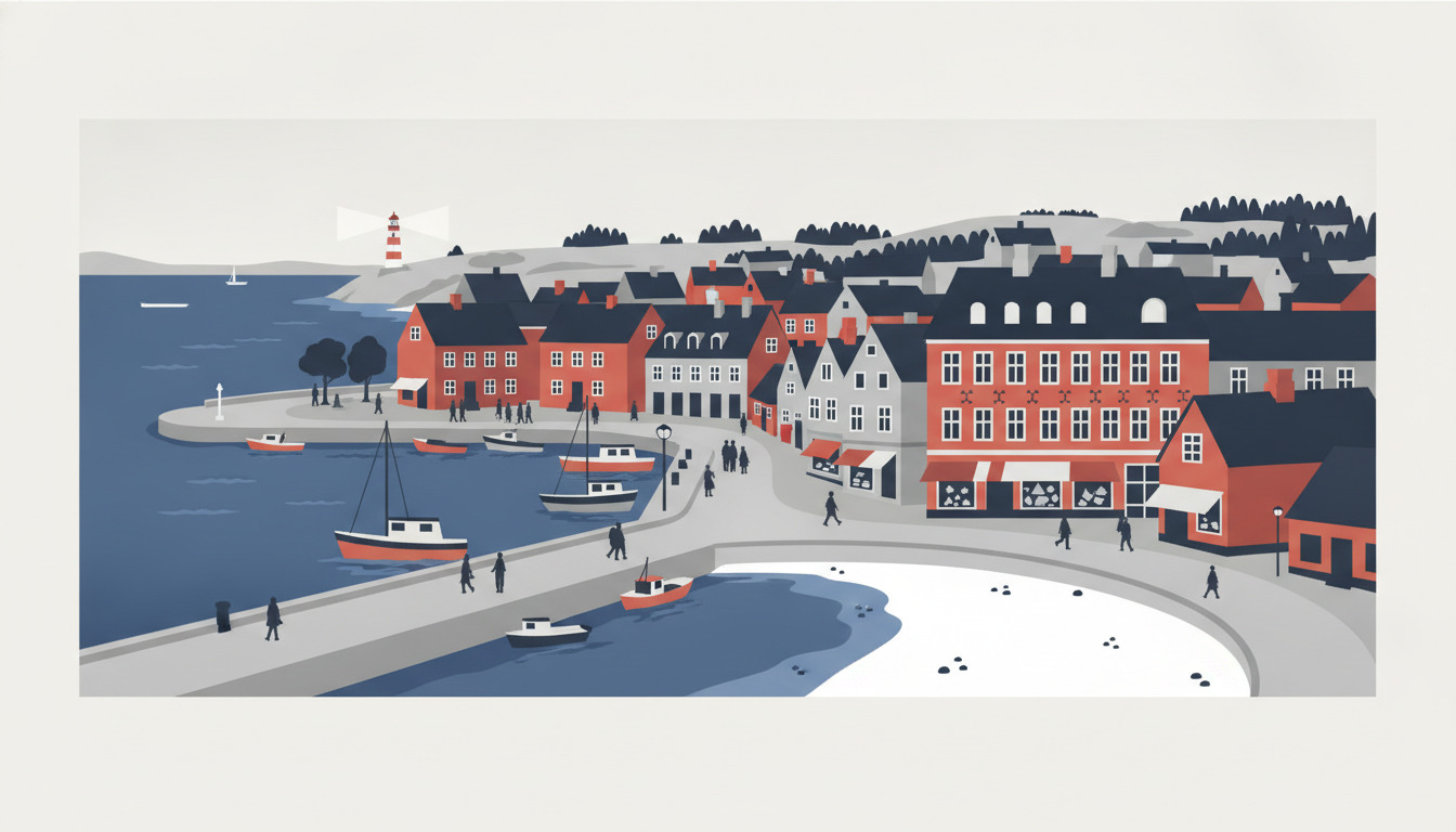 Fladvektor-illustration af en dansk kystby på en halvø med røde mursten-bygninger, vandfront-promenade, fortøjede både, et fjernt fyrtårn på en klippe, skovklædte bakker og stille fjordvande.