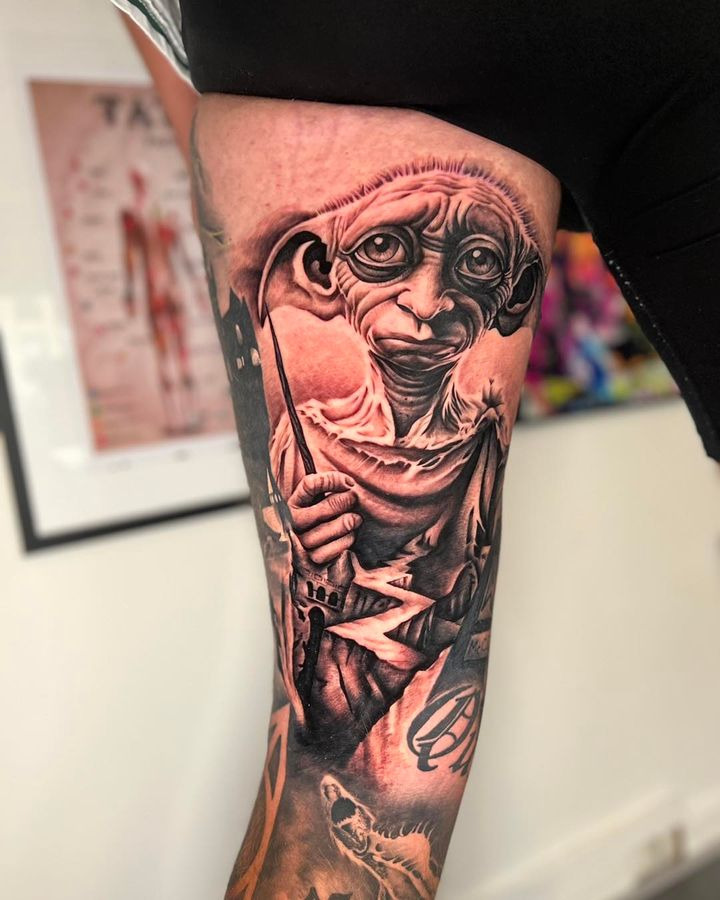 Harry Potter leg sleeve skabt hos Din Tatovør i Randers
