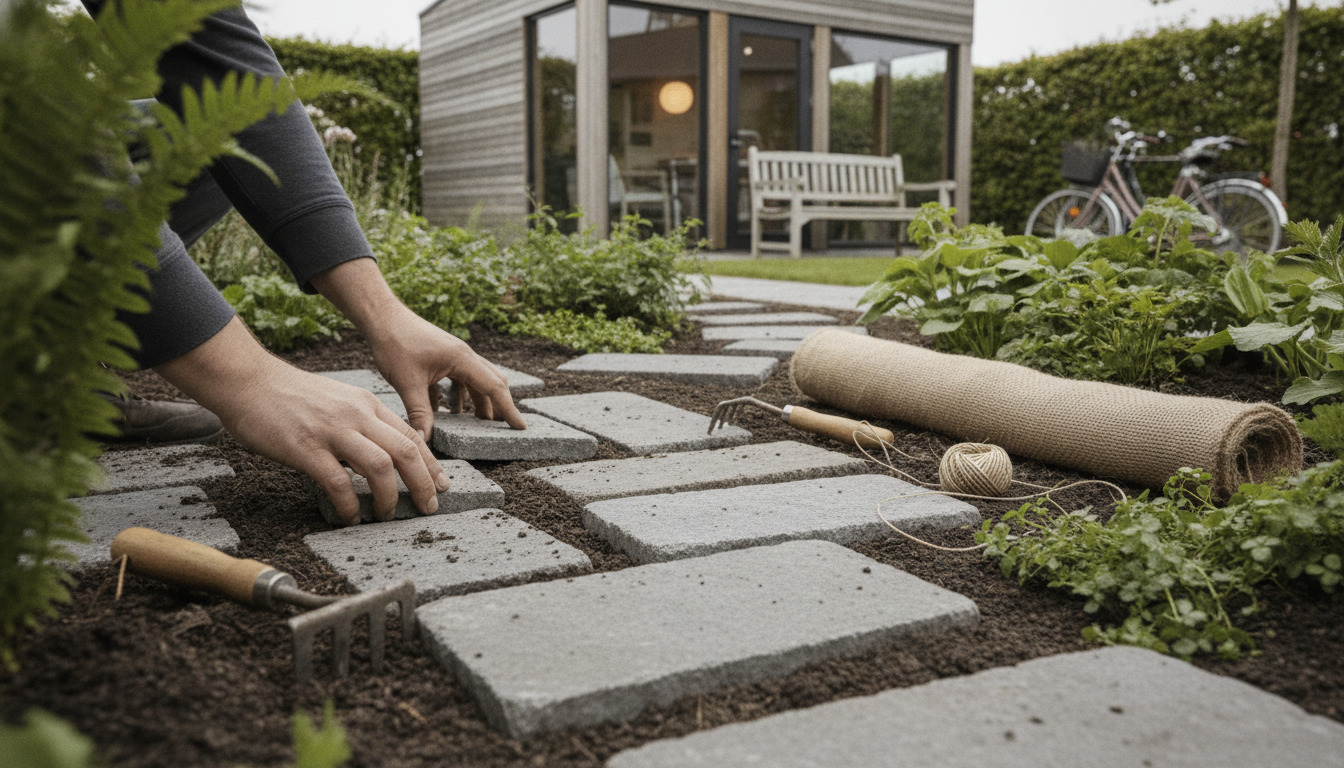 Hænder arbejder med natursten på et gartnerarbejde blandt grønne planter og værktøj i sommerlys.