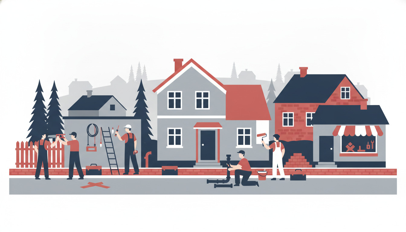 Håndværkere og fagfolk arbejder på et boligrenoveringsprojekt i Dianalund, med malere, snedkere, elektrikere og VVS-installatører, der bruger forskellige værktøjer omkring huse med røde tage og lokal arkitektur i baggrunden.